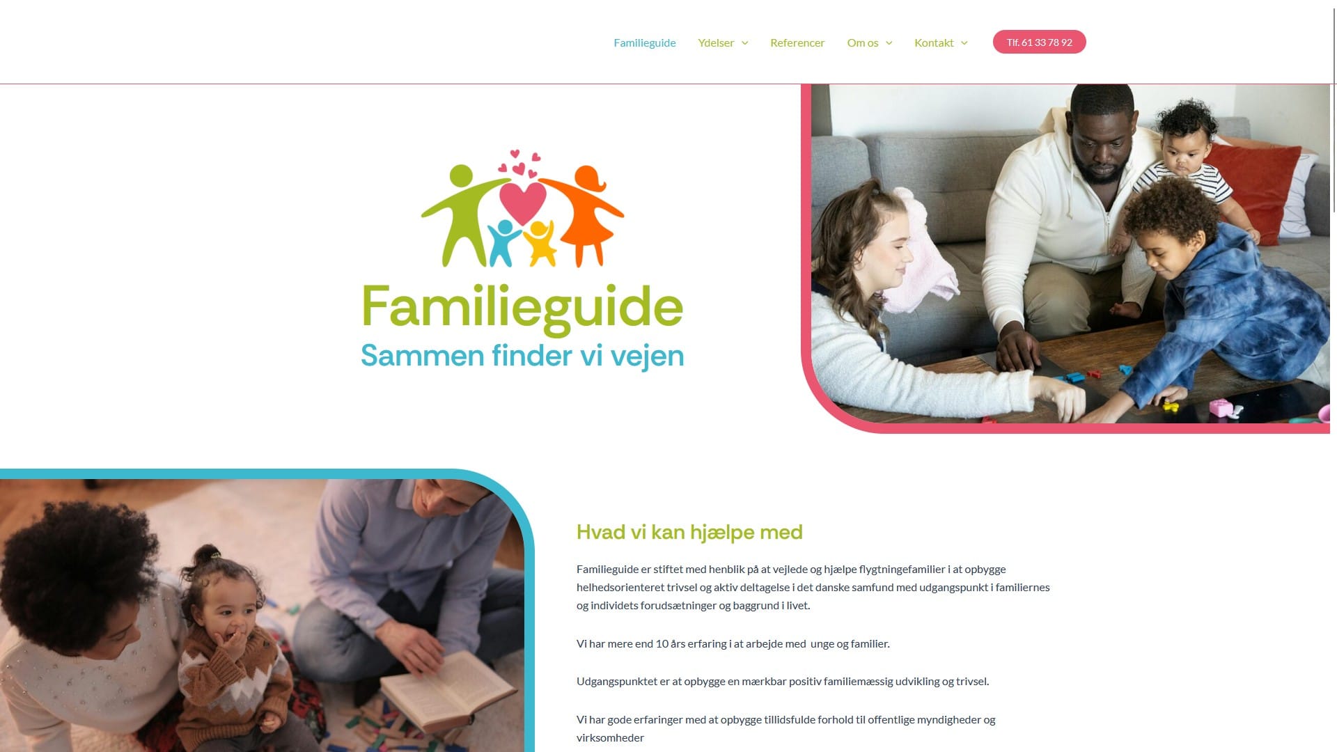 Billedet viser forsiden af den ny hjemmeside for Familieguide.dk. Siden er til kommuner og andre aktører, der har brug for familievejledere og kulturformidlere. Siden er udviklet af WebsiteGo.