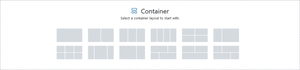 Billedet viser 12 forslag til container-layout, når du vælger at indsætte en container. Set hos WebsiteGo