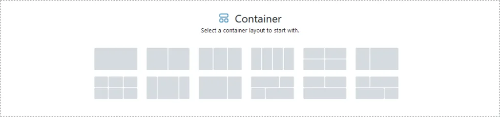 Spectra-container-websitego Billedet viser 12 forslag til container-layout, når du vælger at indsætte en container. Set hos WebsiteGo