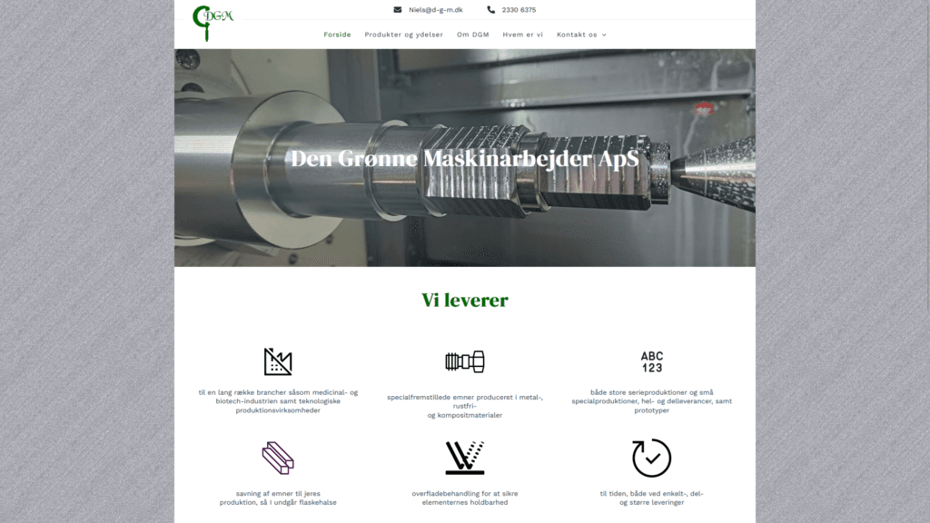 DGM er forkortelsen for Den Grønne Maskinarbejder. DGM har fået udarbejdet deres hjemmeside af WebsiteGo. Skal du også have en ny hjemmeside? Så kontakt Kristen på tlf. 3020 2692 eller Email: kristen@websitego.dk