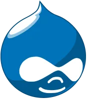 Billedet viser Drupals originale logo, der er et blåt dråbeformet ansigt, der smiler. Linket peger mod drupal.com
