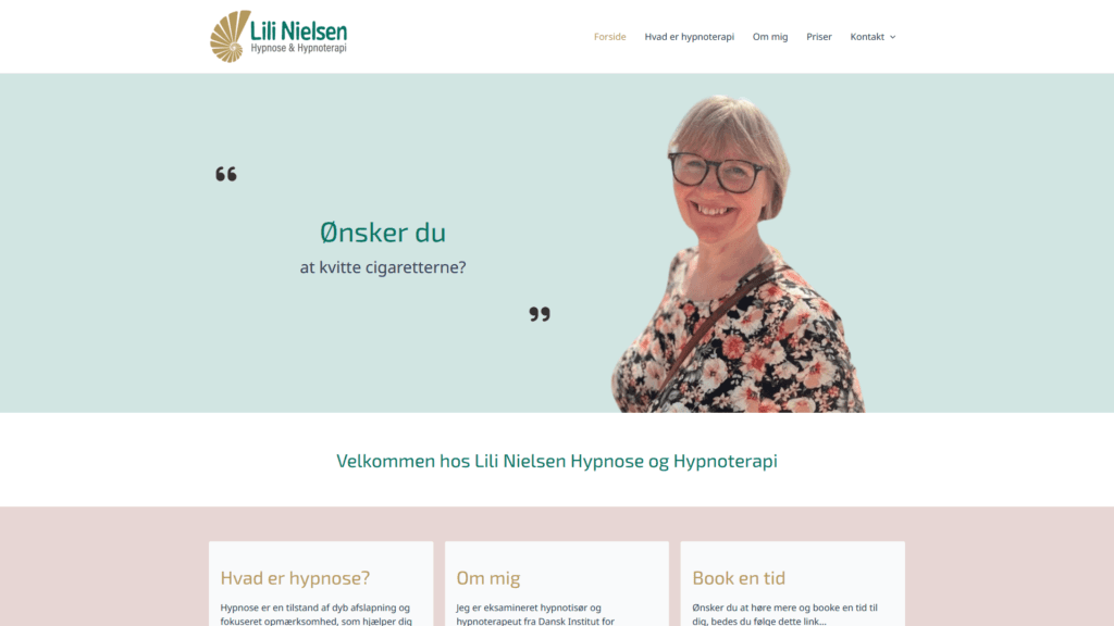 WebsiteGo har været så heldig at udarbejde hjemmesiden for hypnoterapeut, Lili Nielsen. Hun har efterfølgende dygtiggjort sig inden for SoulKey Terapi og er en af de få terapeuter, der udfører denne livsændrende terapi i Sønderjylland.