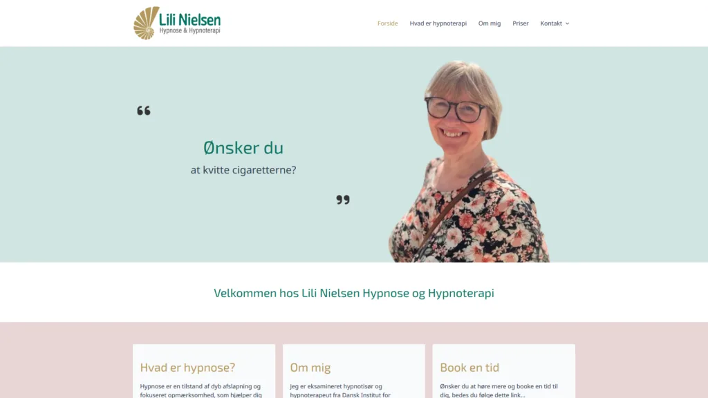 lilinielsen-dk WebsiteGo har været så heldig at udarbejde hjemmesiden for hypnoterapeut, Lili Nielsen. Hun har efterfølgende dygtiggjort sig inden for SoulKey Terapi og er en af de få terapeuter, der udfører denne livsændrende terapi i Sønderjylland.