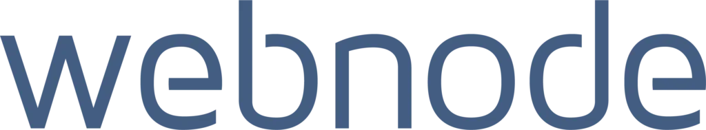 Billedet viser webnode logoet i blå/grå farve. Linket peger til webnode.com